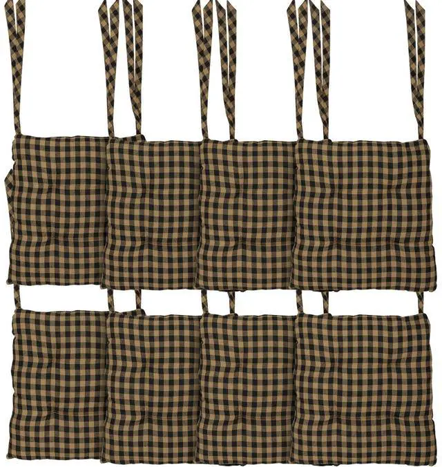 Main image of 14"x14" Chair Cushion for Small Dining Chairs with Ties, Black Check Plaid, Primitive Farmhouse Indoor Kitchen Seat Cushion, Set of 8
