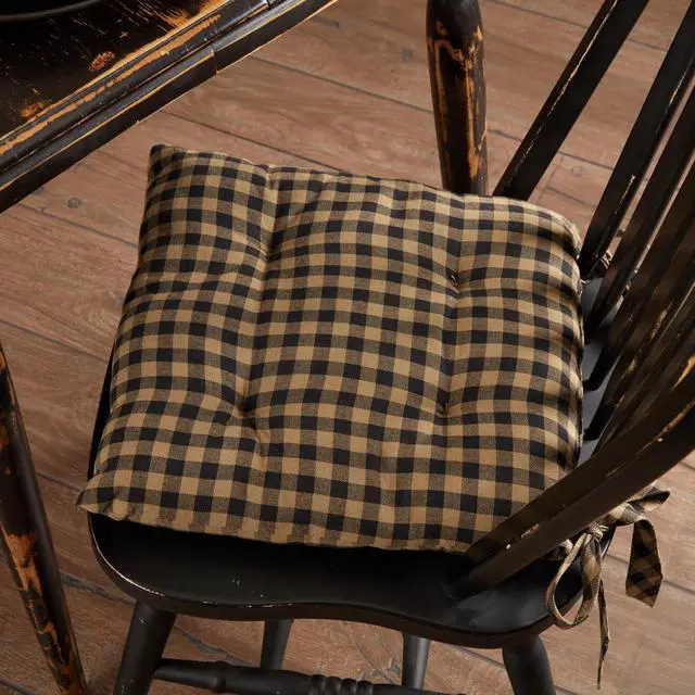 Alt view image 2 of 5 - 14"x14" Chair Cushion for Small Dining Chairs with Ties, Black Check Plaid, Primitive Farmhouse Indoor Kitchen Seat Cushion, Set of 8