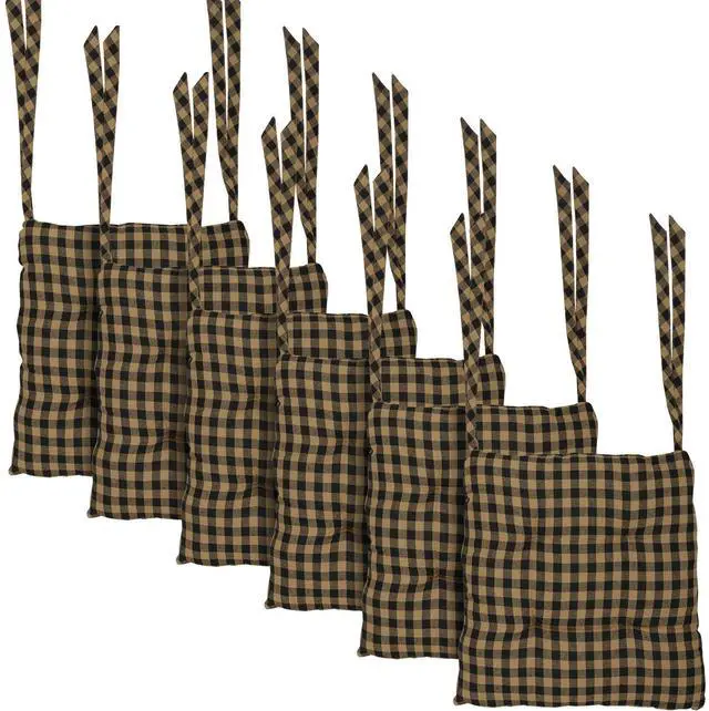 Main image of 14"x14" Chair Cushion for Small Dining Chairs with Ties, Black Check Plaid, Primitive Farmhouse Indoor Kitchen Seat Cushion, Set of 6