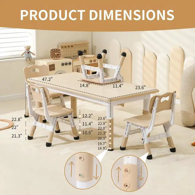 Alt view image 2 of 6 - Kids Table and 4 Chairs Set, Height Adjustable Toddler Table and Chairs Set, Graffiti Desktop Children Activity Table for Ages 3-8, Daycare, Classroom, Home