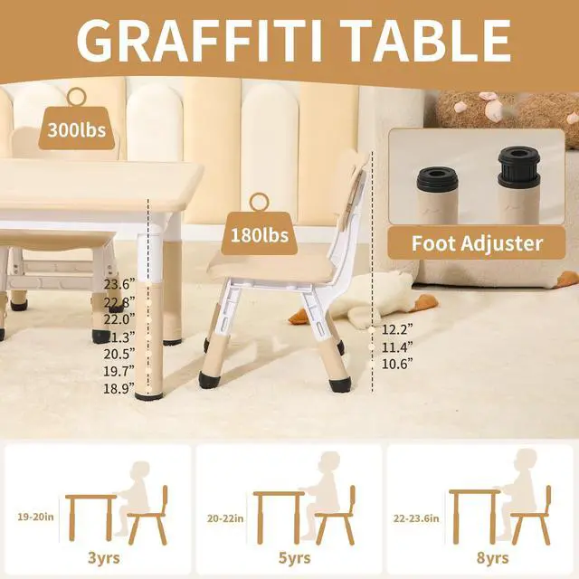 Alt view image 3 of 6 - Kids Table and 4 Chairs Set, Height Adjustable Toddler Table and Chairs Set, Graffiti Desktop Children Activity Table for Ages 3-8, Daycare, Classroom, Home