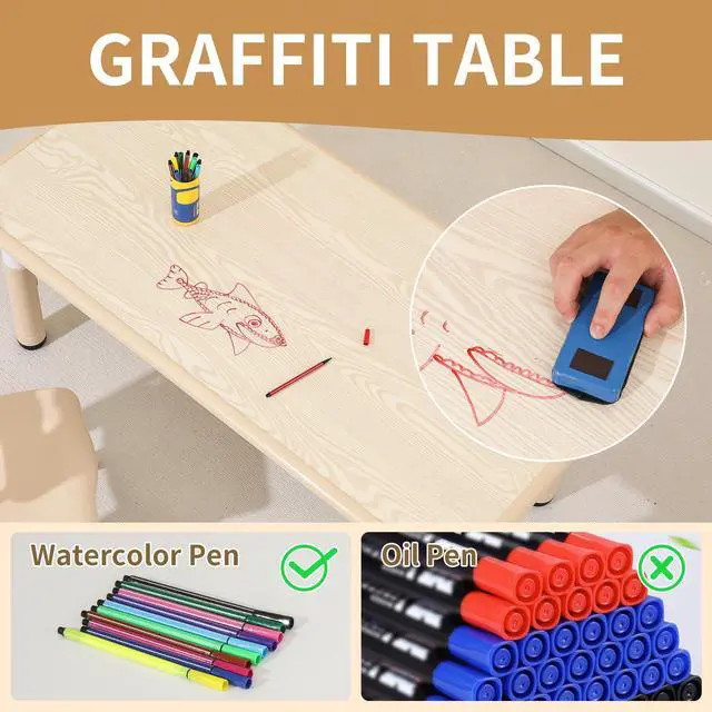 Alt view image 4 of 6 - Kids Table and 4 Chairs Set, Height Adjustable Toddler Table and Chairs Set, Graffiti Desktop Children Activity Table for Ages 3-8, Daycare, Classroom, Home