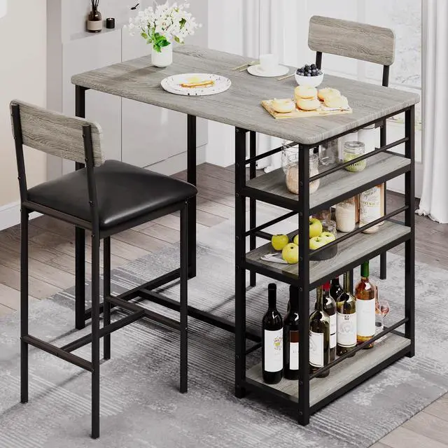 Main image of Dining Table Set for 2, Kitchen Table and Upholstered Chairs for 2, 3 Piece Counter Height Bar Table Set with 3 Large Storage Shelves for Small Space, Apartment, Studio, Rustic Gray