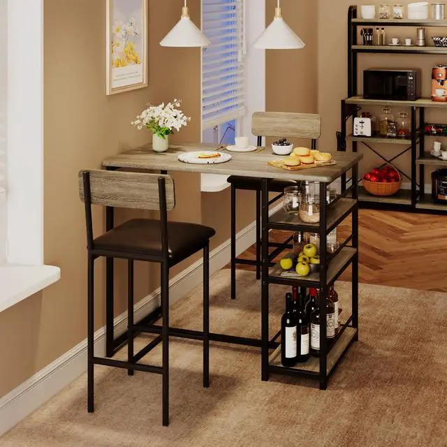 Alt view image 2 of 6 - Dining Table Set for 2, Kitchen Table and Upholstered Chairs for 2, 3 Piece Counter Height Bar Table Set with 3 Large Storage Shelves for Small Space, Apartment, Studio, Rustic Gray