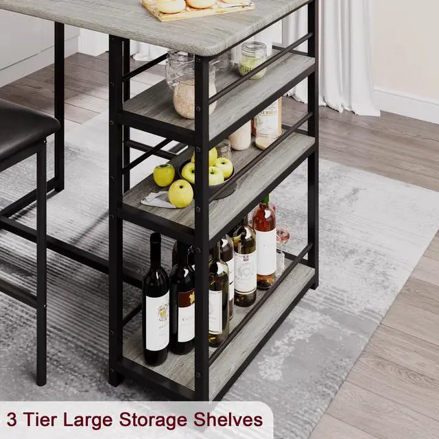 Alt view image 5 of 6 - Dining Table Set for 2, Kitchen Table and Upholstered Chairs for 2, 3 Piece Counter Height Bar Table Set with 3 Large Storage Shelves for Small Space, Apartment, Studio, Rustic Gray