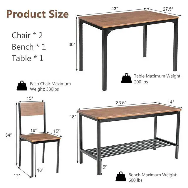 Alt view image 6 of 6 - Dining Table Set for 4, Kitchen Table and 2 Chairs for 4 with Bench, 4 Piece Dining Table Set for Small Space, Apartment