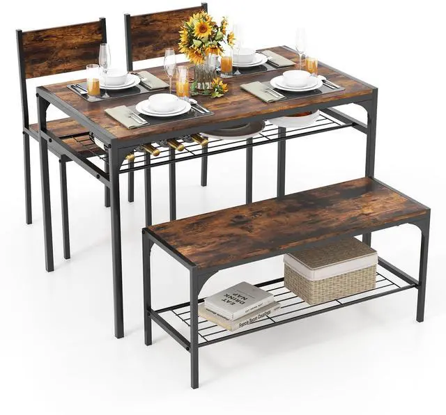 Main image of Dining Table Set for 4, Kitchen Table and 2 Chairs for 4 with Bench, Additonal Storage Rack, 4 Piece Dining Table Set for Small Space, Apartment