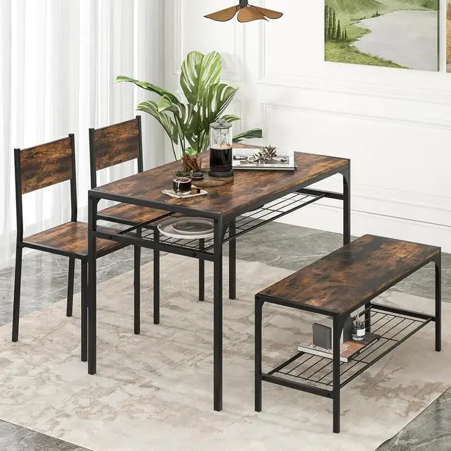 Alt view image 2 of 6 - Dining Table Set for 4, Kitchen Table and 2 Chairs for 4 with Bench, Additonal Storage Rack, 4 Piece Dining Table Set for Small Space, Apartment
