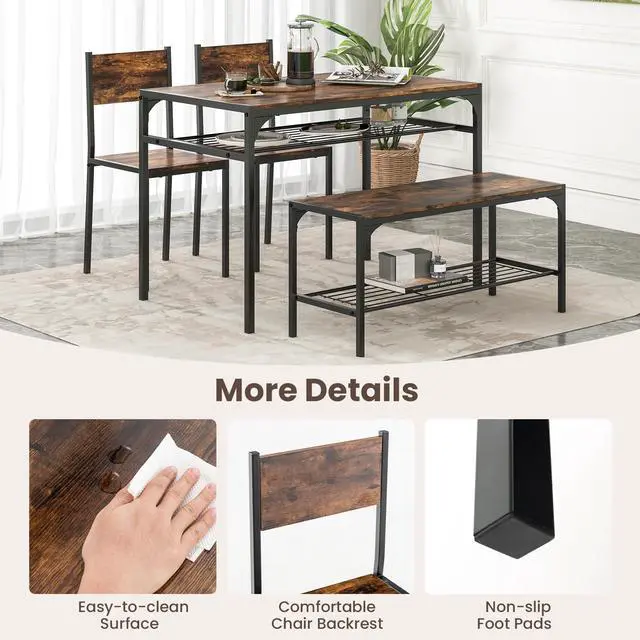 Alt view image 3 of 6 - Dining Table Set for 4, Kitchen Table and 2 Chairs for 4 with Bench, Additonal Storage Rack, 4 Piece Dining Table Set for Small Space, Apartment
