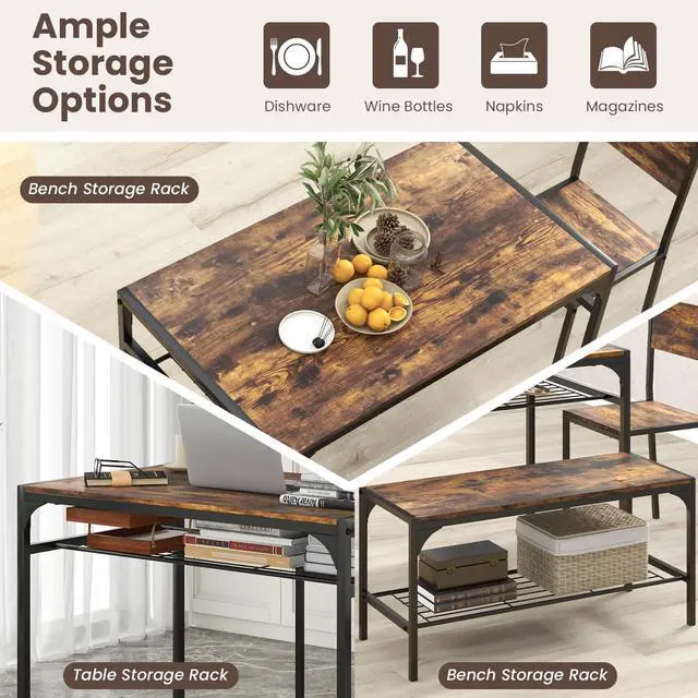 Alt view image 4 of 6 - Dining Table Set for 4, Kitchen Table and 2 Chairs for 4 with Bench, Additonal Storage Rack, 4 Piece Dining Table Set for Small Space, Apartment