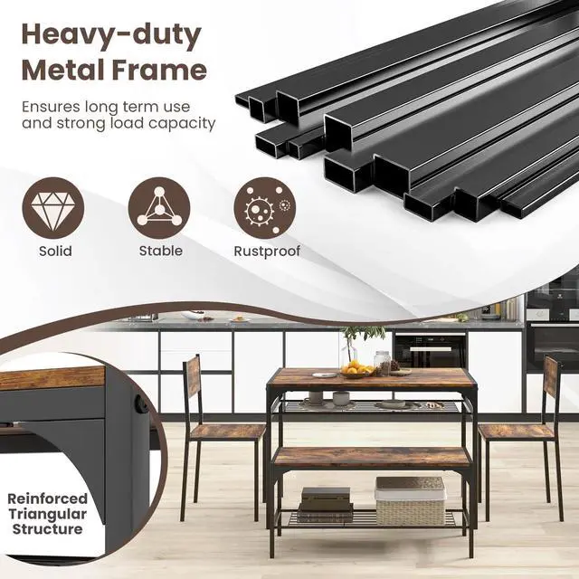 Alt view image 5 of 6 - Dining Table Set for 4, Kitchen Table and 2 Chairs for 4 with Bench, Additonal Storage Rack, 4 Piece Dining Table Set for Small Space, Apartment