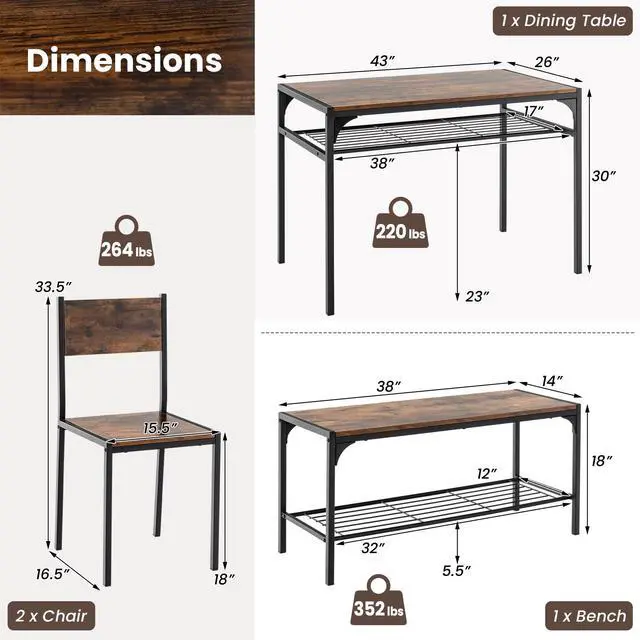 Alt view image 6 of 6 - Dining Table Set for 4, Kitchen Table and 2 Chairs for 4 with Bench, Additonal Storage Rack, 4 Piece Dining Table Set for Small Space, Apartment
