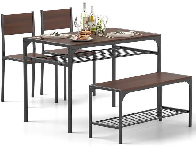 Main image of Dining Table Set for 4, Kitchen Table and 2 Chairs for 4 with Bench, Additonal Storage Rack, 4 Piece Dining Table Set for Small Space, Apartment