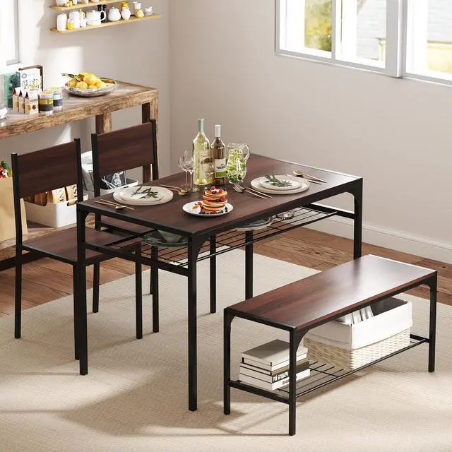 Alt view image 2 of 6 - Dining Table Set for 4, Kitchen Table and 2 Chairs for 4 with Bench, Additonal Storage Rack, 4 Piece Dining Table Set for Small Space, Apartment
