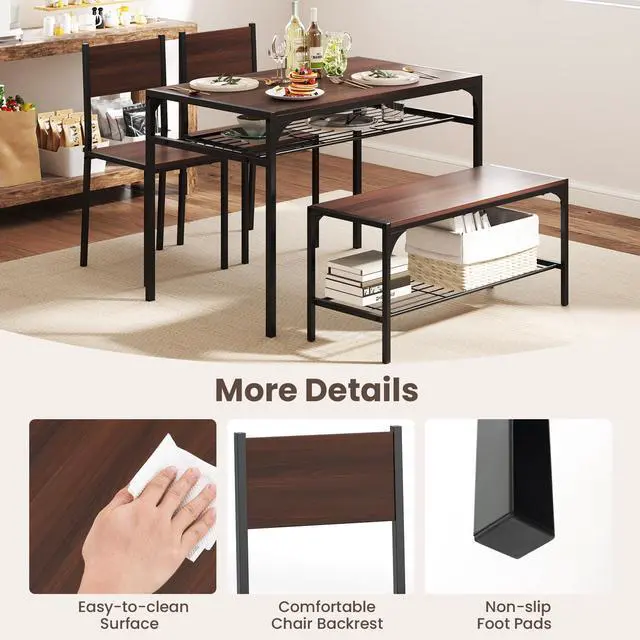 Alt view image 4 of 6 - Dining Table Set for 4, Kitchen Table and 2 Chairs for 4 with Bench, Additonal Storage Rack, 4 Piece Dining Table Set for Small Space, Apartment