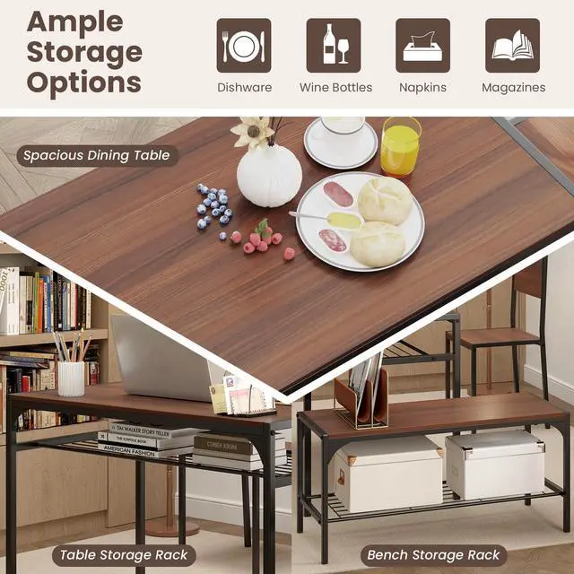 Alt view image 5 of 6 - Dining Table Set for 4, Kitchen Table and 2 Chairs for 4 with Bench, Additonal Storage Rack, 4 Piece Dining Table Set for Small Space, Apartment