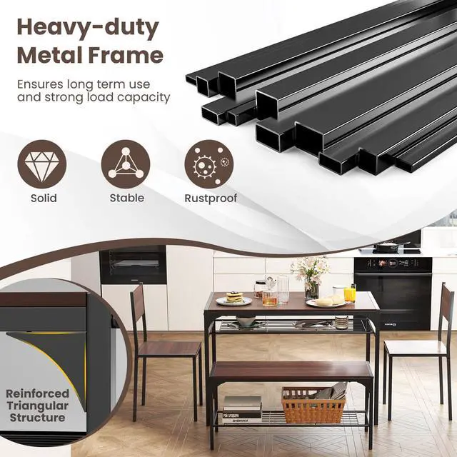 Alt view image 6 of 6 - Dining Table Set for 4, Kitchen Table and 2 Chairs for 4 with Bench, Additonal Storage Rack, 4 Piece Dining Table Set for Small Space, Apartment