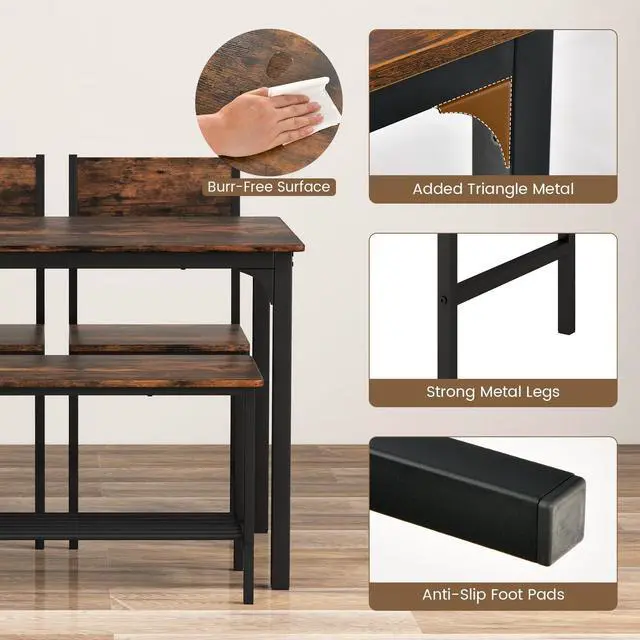 Alt view image 4 of 6 - Dining Table Set for 4, Kitchen Table and 2 Chairs for 4 with Bench, 4 Piece Dining Table Set for Small Space, Apartment