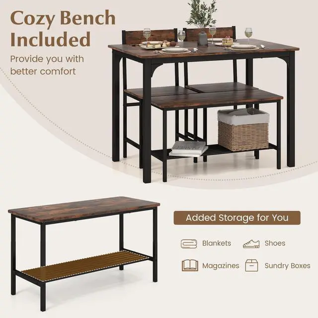 Alt view image 5 of 6 - Dining Table Set for 4, Kitchen Table and 2 Chairs for 4 with Bench, 4 Piece Dining Table Set for Small Space, Apartment