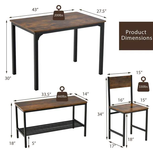 Alt view image 6 of 6 - Dining Table Set for 4, Kitchen Table and 2 Chairs for 4 with Bench, 4 Piece Dining Table Set for Small Space, Apartment