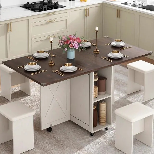 Main image of 5 PCS Farmhouse Dining Table Set for 4,60" Large Folding Dining Table Set w/ 4 Leather Chairs, Drop Leaf Foldable Kitchen Table for Small Spaces,Barn Door Design,6 Wheels,2-Layer Storage Shelf,Brown