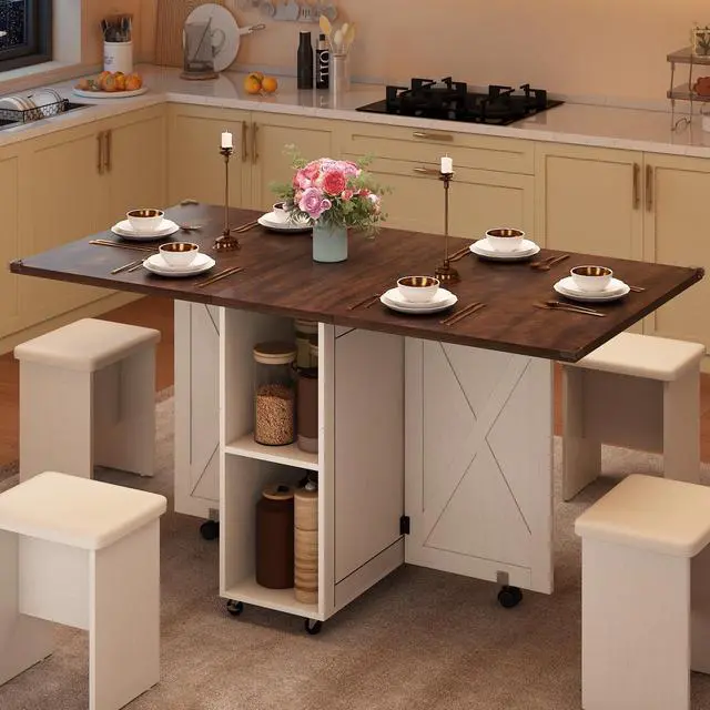 Alt view image 2 of 6 - 5 PCS Farmhouse Dining Table Set for 4,60" Large Folding Dining Table Set w/ 4 Leather Chairs, Drop Leaf Foldable Kitchen Table for Small Spaces,Barn Door Design,6 Wheels,2-Layer Storage Shelf,Brown