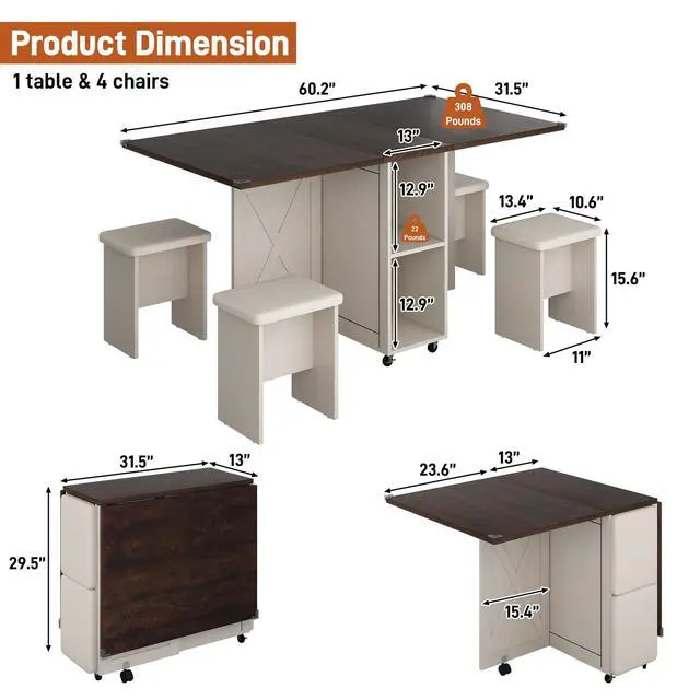 Alt view image 3 of 6 - 5 PCS Farmhouse Dining Table Set for 4,60" Large Folding Dining Table Set w/ 4 Leather Chairs, Drop Leaf Foldable Kitchen Table for Small Spaces,Barn Door Design,6 Wheels,2-Layer Storage Shelf,Brown