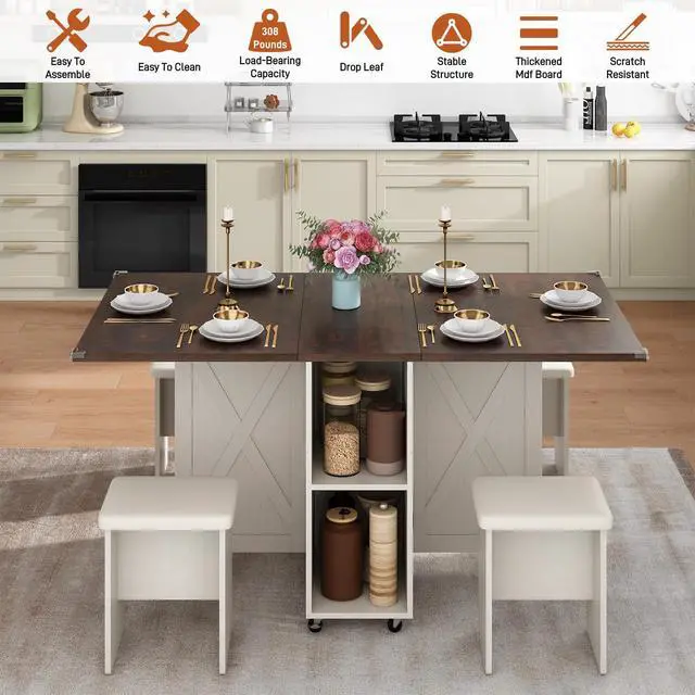 Alt view image 4 of 6 - 5 PCS Farmhouse Dining Table Set for 4,60" Large Folding Dining Table Set w/ 4 Leather Chairs, Drop Leaf Foldable Kitchen Table for Small Spaces,Barn Door Design,6 Wheels,2-Layer Storage Shelf,Brown