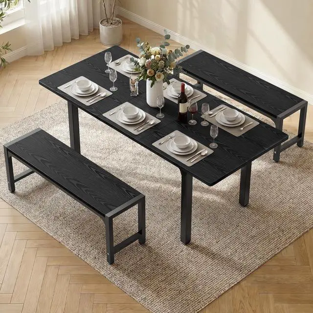 Alt view image 2 of 6 - 63 Large Extendable Dining Table Set for 4-6 with 180° Smart-Flip Pivot, Kitchen Table Set with Bench, Dining Room Table with Metal Frame & MDF Board, Perfect for Small Space, Black