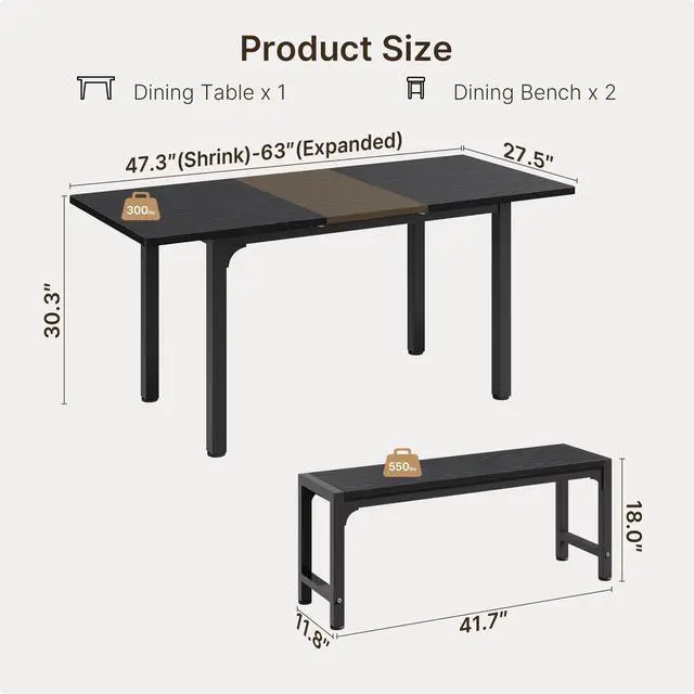 Alt view image 3 of 6 - 63 Large Extendable Dining Table Set for 4-6 with 180° Smart-Flip Pivot, Kitchen Table Set with Bench, Dining Room Table with Metal Frame & MDF Board, Perfect for Small Space, Black