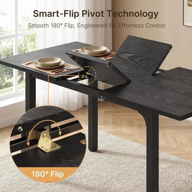 Alt view image 4 of 6 - 63 Large Extendable Dining Table Set for 4-6 with 180° Smart-Flip Pivot, Kitchen Table Set with Bench, Dining Room Table with Metal Frame & MDF Board, Perfect for Small Space, Black
