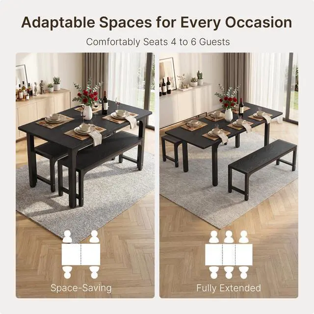 Alt view image 6 of 6 - 63 Large Extendable Dining Table Set for 4-6 with 180° Smart-Flip Pivot, Kitchen Table Set with Bench, Dining Room Table with Metal Frame & MDF Board, Perfect for Small Space, Black