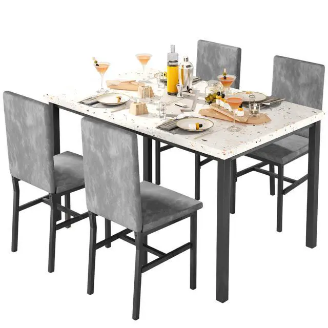 Alt view image 2 of 6 - Dining Table Set for 4, Kitchen Table and Chairs Set for 4, Small Dining Table Set with Faux Marble Table top & 4 Velvet Upholstered Dining Chairs Dining Room Table Set for Small Space, Gray