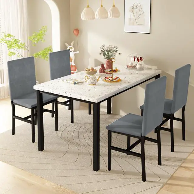 Alt view image 3 of 6 - Dining Table Set for 4, Kitchen Table and Chairs Set for 4, Small Dining Table Set with Faux Marble Table top & 4 Velvet Upholstered Dining Chairs Dining Room Table Set for Small Space, Gray