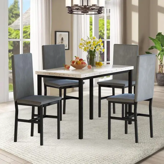 Alt view image 4 of 6 - Dining Table Set for 4, Kitchen Table and Chairs Set for 4, Small Dining Table Set with Faux Marble Table top & 4 Velvet Upholstered Dining Chairs Dining Room Table Set for Small Space, Gray