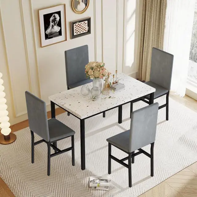 Alt view image 5 of 6 - Dining Table Set for 4, Kitchen Table and Chairs Set for 4, Small Dining Table Set with Faux Marble Table top & 4 Velvet Upholstered Dining Chairs Dining Room Table Set for Small Space, Gray