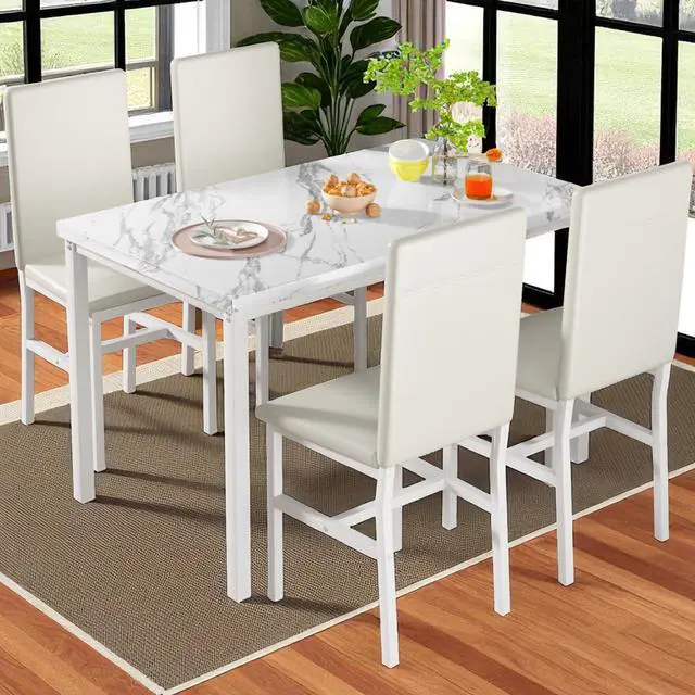 Main image of Dining Table Set for 4- Space Saving Kitchen Table and Chairs for 4, Faux Marble Tabletop & PU Leather Chairs Dining Room Table Set for Small Spaces, Kitchen, Breakfast Corner, White