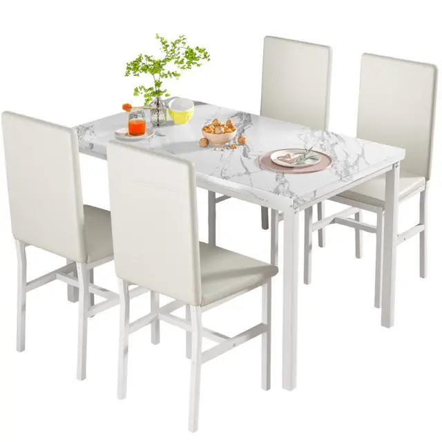 Alt view image 2 of 6 - Dining Table Set for 4- Space Saving Kitchen Table and Chairs for 4, Faux Marble Tabletop & PU Leather Chairs Dining Room Table Set for Small Spaces, Kitchen, Breakfast Corner, White