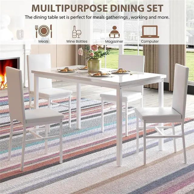 Alt view image 3 of 6 - Dining Table Set for 4- Space Saving Kitchen Table and Chairs for 4, Faux Marble Tabletop & PU Leather Chairs Dining Room Table Set for Small Spaces, Kitchen, Breakfast Corner, White