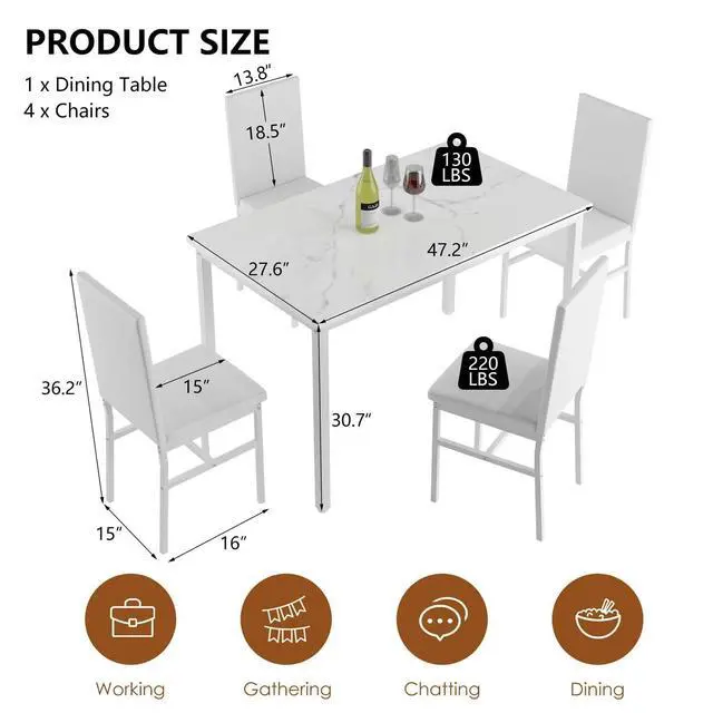 Alt view image 4 of 6 - Dining Table Set for 4- Space Saving Kitchen Table and Chairs for 4, Faux Marble Tabletop & PU Leather Chairs Dining Room Table Set for Small Spaces, Kitchen, Breakfast Corner, White