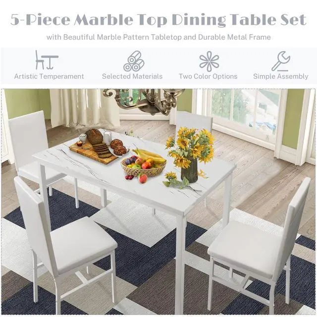Alt view image 5 of 6 - Dining Table Set for 4- Space Saving Kitchen Table and Chairs for 4, Faux Marble Tabletop & PU Leather Chairs Dining Room Table Set for Small Spaces, Kitchen, Breakfast Corner, White