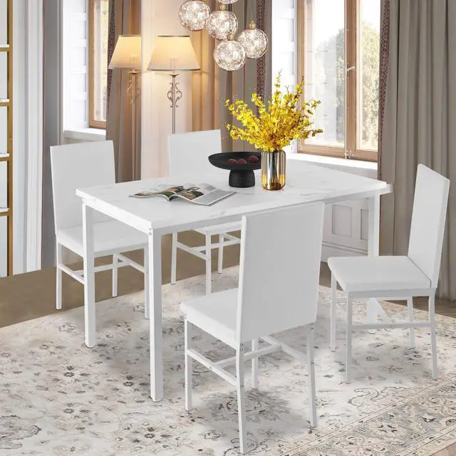 Alt view image 6 of 6 - Dining Table Set for 4- Space Saving Kitchen Table and Chairs for 4, Faux Marble Tabletop & PU Leather Chairs Dining Room Table Set for Small Spaces, Kitchen, Breakfast Corner, White