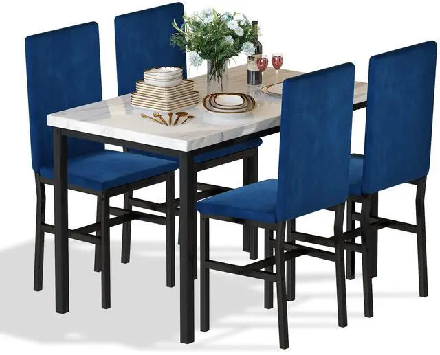 Main image of Dining Table Set for 4- Space Saving Kitchen Table and Chairs for 4, Modern Style Faux Marble Tabletop & 4 Blue Velvet Chairs for Dining Room, Kitchen, Breakfast Corner Small Spaces, Blue
