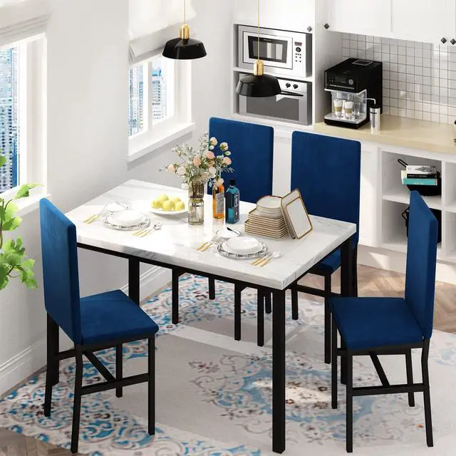 Alt view image 2 of 6 - Dining Table Set for 4- Space Saving Kitchen Table and Chairs for 4, Modern Style Faux Marble Tabletop & 4 Blue Velvet Chairs for Dining Room, Kitchen, Breakfast Corner Small Spaces, Blue