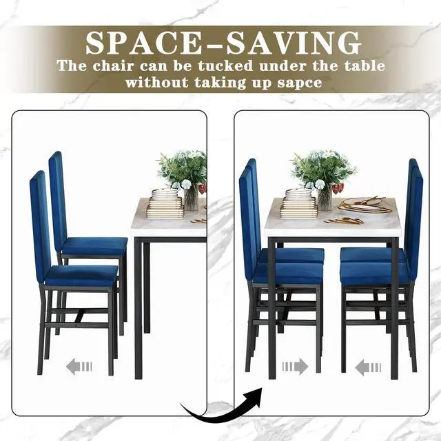 Alt view image 4 of 6 - Dining Table Set for 4- Space Saving Kitchen Table and Chairs for 4, Modern Style Faux Marble Tabletop & 4 Blue Velvet Chairs for Dining Room, Kitchen, Breakfast Corner Small Spaces, Blue