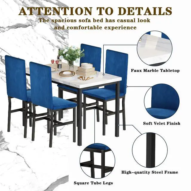 Alt view image 5 of 6 - Dining Table Set for 4- Space Saving Kitchen Table and Chairs for 4, Modern Style Faux Marble Tabletop & 4 Blue Velvet Chairs for Dining Room, Kitchen, Breakfast Corner Small Spaces, Blue