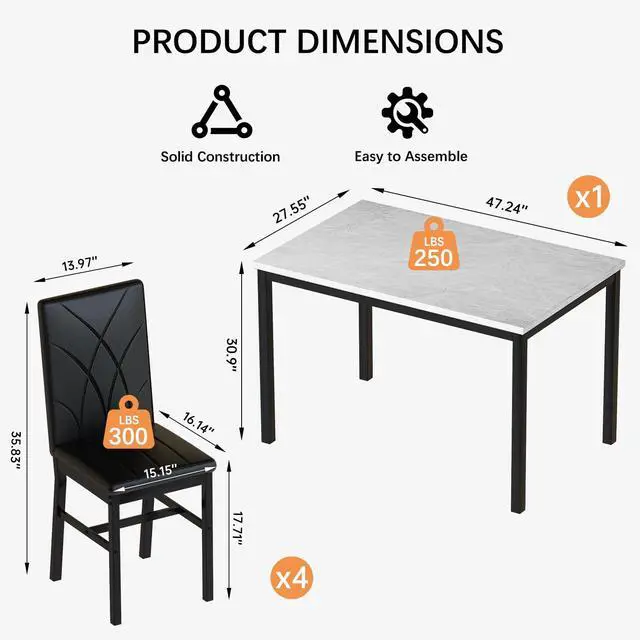 Alt view image 2 of 6 - Dining Table Set for 4 Faux Marble Kitchen Table and Chairs Set of 4,5 Piece with PU Leather Upholstered Dinner Chairs for Compact Dining Room,Small Space,Black