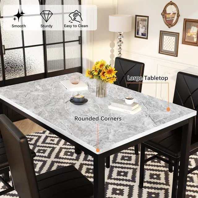 Alt view image 3 of 6 - Dining Table Set for 4 Faux Marble Kitchen Table and Chairs Set of 4,5 Piece with PU Leather Upholstered Dinner Chairs for Compact Dining Room,Small Space,Black