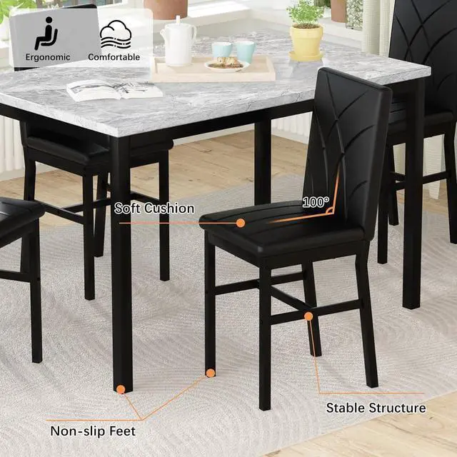 Alt view image 4 of 6 - Dining Table Set for 4 Faux Marble Kitchen Table and Chairs Set of 4,5 Piece with PU Leather Upholstered Dinner Chairs for Compact Dining Room,Small Space,Black