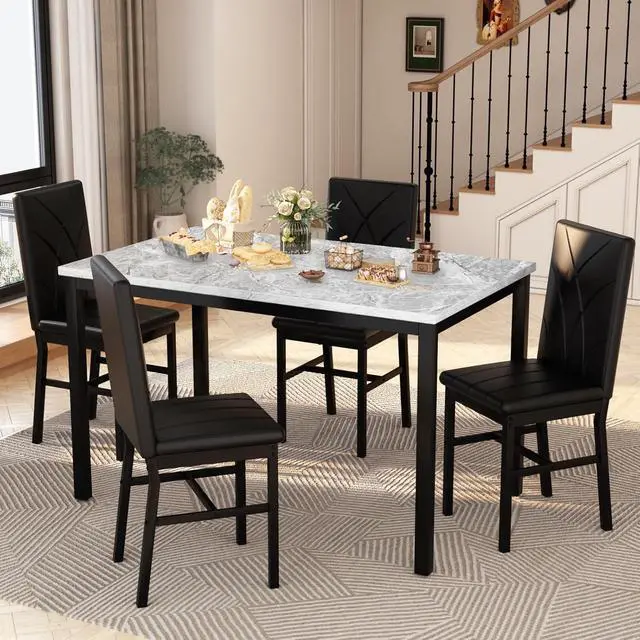 Alt view image 5 of 6 - Dining Table Set for 4 Faux Marble Kitchen Table and Chairs Set of 4,5 Piece with PU Leather Upholstered Dinner Chairs for Compact Dining Room,Small Space,Black